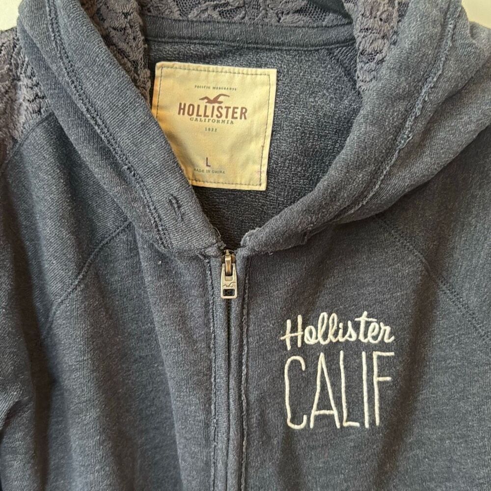 Hollister Women Size Large Vintage Full Zip Y2K California Navy Blue Hoodie Lace - Picture 2 of 7